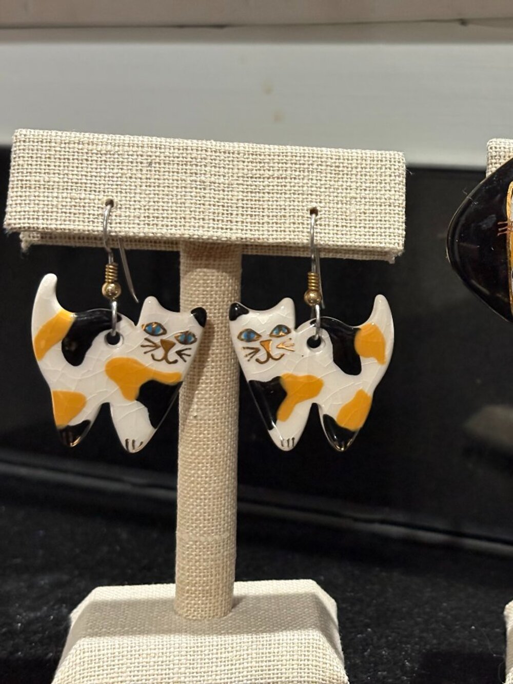 Vintage Handcrafted Ceramic Calico Cat Earrings Two Pairs for Pierced Ears
